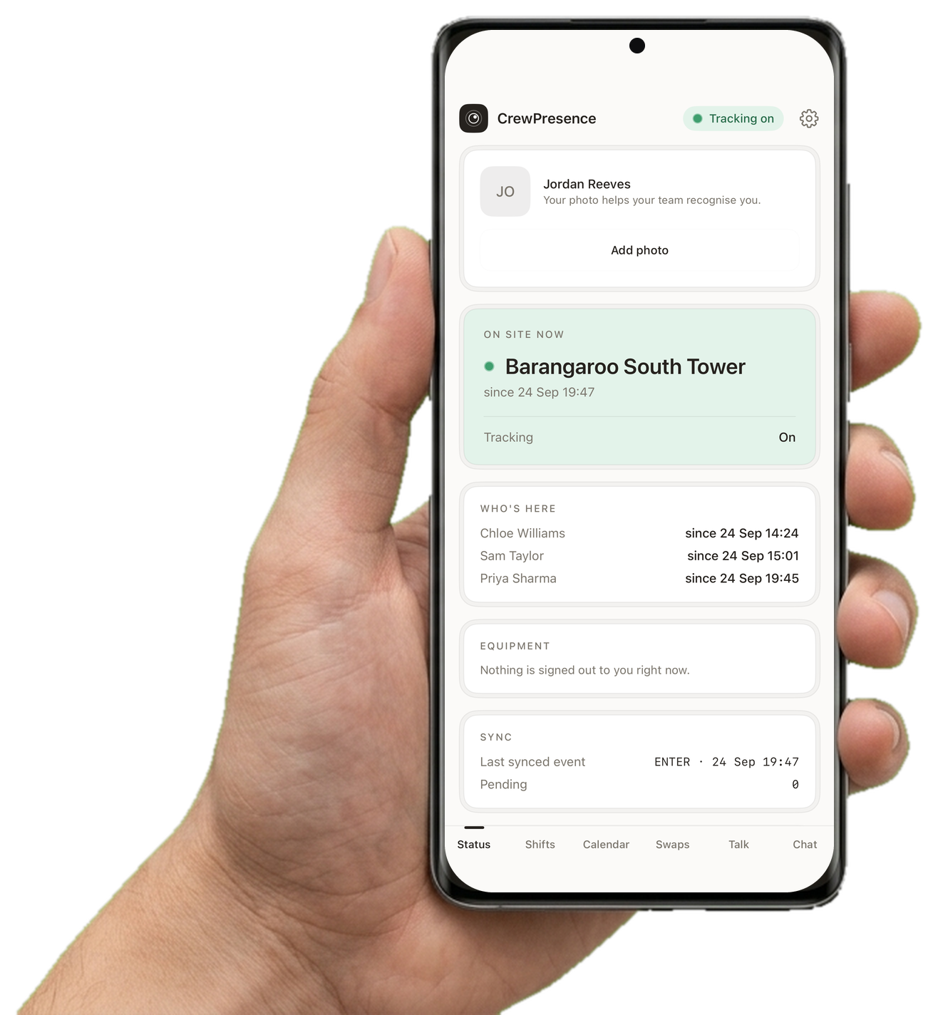 The CrewPresence app showing a phone tracking presence at Barangaroo South Tower, with who's on site, equipment and sync status