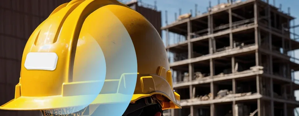 A yellow hard hat with a CrewPresence beacon tag, on a construction site