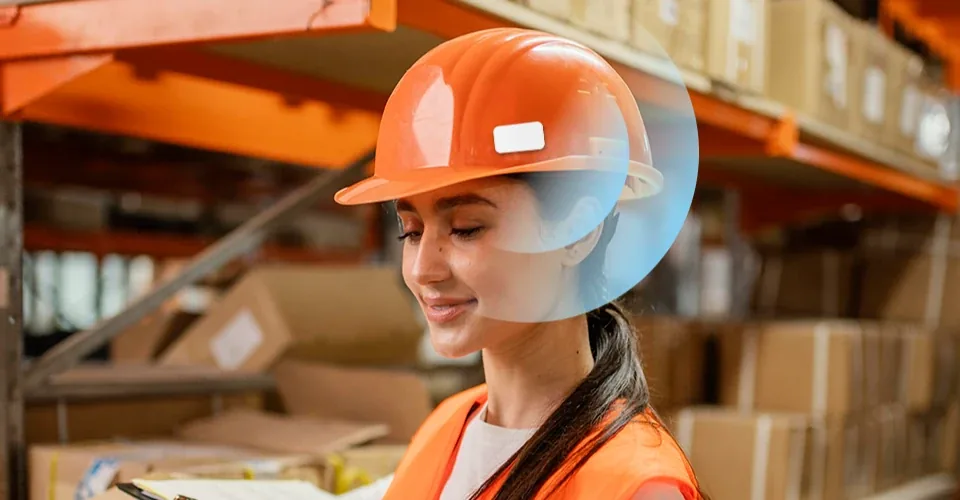 A warehouse worker wearing an orange hard hat with a beacon tag