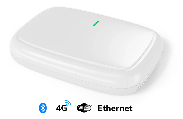 CrewPresence LTE Gateway: a white Bluetooth gateway with 4G, Wi-Fi and Ethernet connectivity