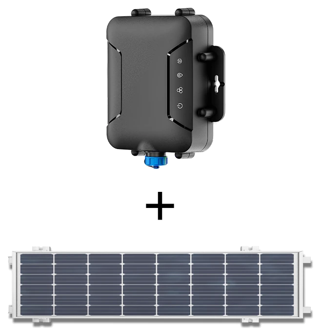 CrewPresence Outdoor Mobile LTE Gateway: a black weatherproof gateway unit shown above its 33 W solar panel