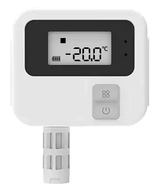 CrewPresence Temp Sensor: a small white wall-mount unit with an LCD screen showing the temperature and a short probe underneath